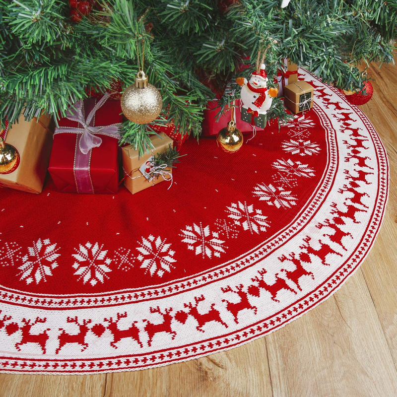 FUNSEED Christmas Tree Skirt, 48 Inches Large Thick Knitted Red Reindeer and White Snowflakes Pattern Knit Xmas Tree Mat for Holiday Family Home Decoration Home & Garden > Decor > Seasonal & Holiday Decorations > Christmas Tree Skirts FUNSEED Default Title  