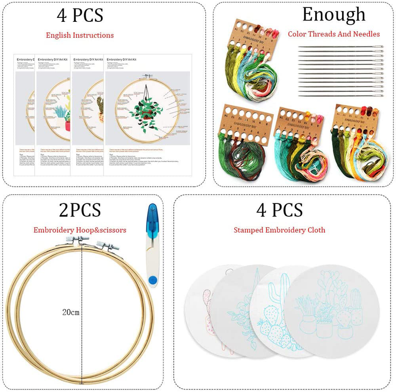 Embroidery Kit for Beginners,4 Pack Cross Stitch Kits, 2 Wooden Embroidery Hoops,1 Scissors,Needles and Color Threads,Needlepoint Kit for Adult (Cactus Plant) Arts & Entertainment > Hobbies & Creative Arts > Arts & Crafts > Art & Crafting Tools > Craft Measuring & Marking Tools > Stitch Markers & Counters Uoueze   