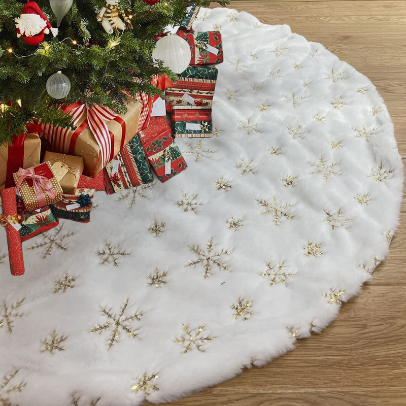 iflove Christmas Tree Skirt, White Tree Skirt with Golden Sequin Snowflakes 48 Inch Faux Fur Tree Skirt Christmas Decorations Home & Garden > Decor > Seasonal & Holiday Decorations& Garden > Decor > Seasonal & Holiday Decorations iflove   
