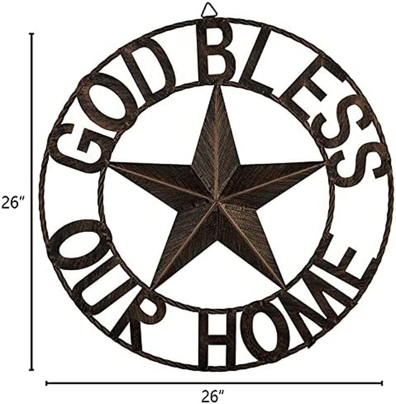 EBEI 26" Large Metal Barn Star Western Home Wall Decor Antique Circle Dark Brown Texas Lone Star with Letters God Bless Our Home Home & Garden > Decor > Artwork > Sculptures & Statues EBEI   