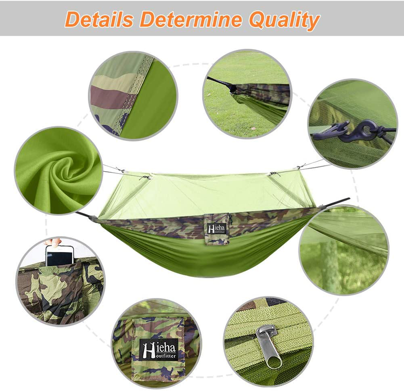 Hieha Double Camping Hammock with Mosquito Net, Portable Nylon Hiking Hammocks for Trees, Travel Outdoor Gear Camping Essential Hammock for 2 Adults