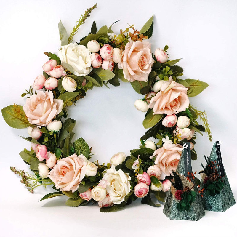 Rose Wreath Floral Wreath Classic Handmade Flowers for Front Door Wall Wedding Party Christmas Home Decor (13"-Pink) Home & Garden > Decor > Seasonal & Holiday Decorations WANTMAZOR   