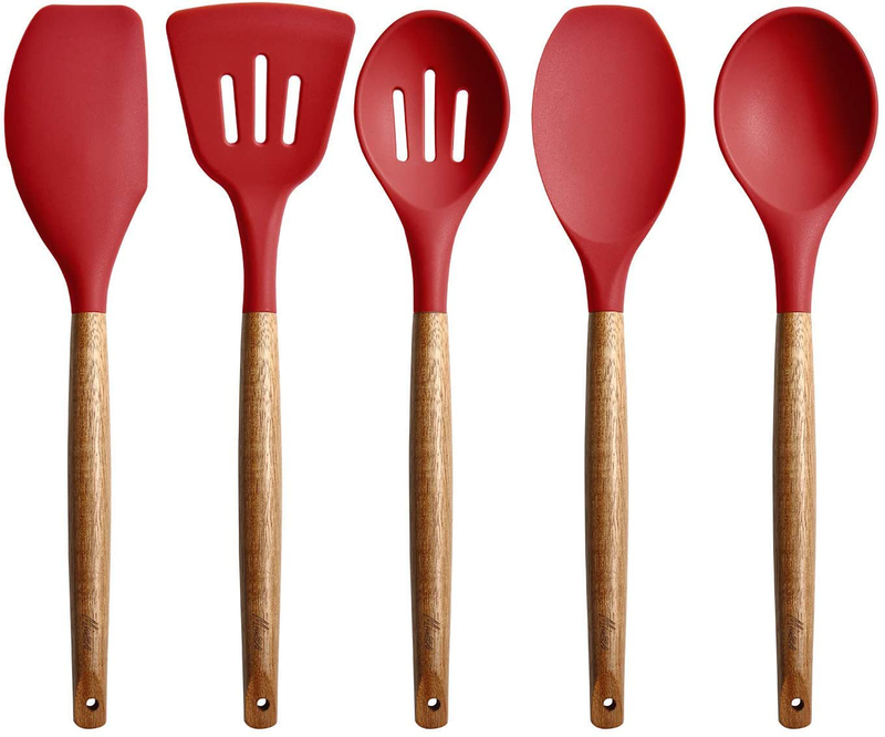 Miusco Non-Stick Silicone Cooking Utensils Set with Natural Acacia Hard Wood Handle, 5 Piece, Grey, High Heat Resistant Home & Garden > Kitchen & Dining > Kitchen Tools & Utensils Miusco Red  