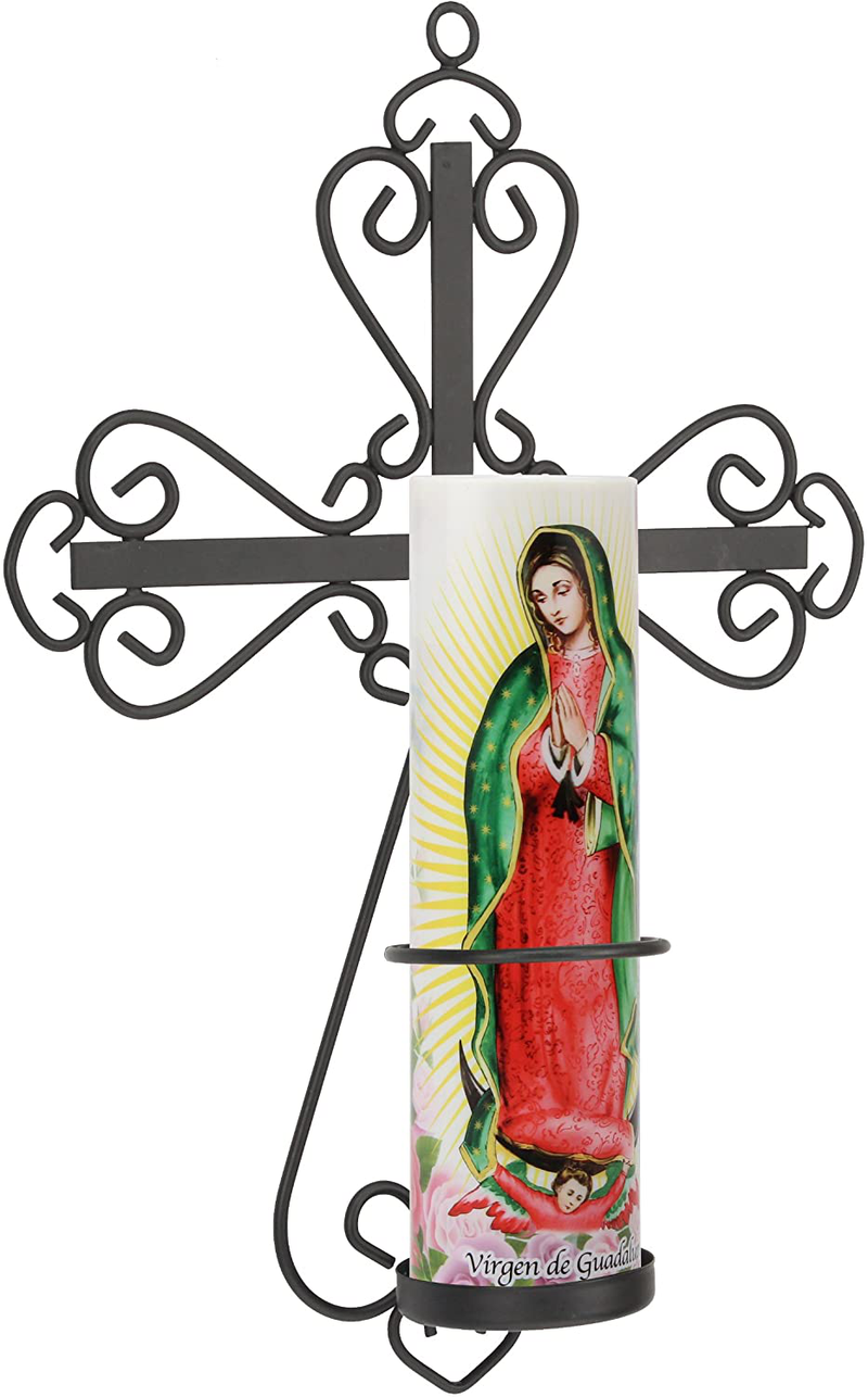 Stonebriar Decorative Scrolled Metal Cross Wall Sconce with Lady of Guadalupe LED Candle, Religious Gift Ideas for Friends and Family