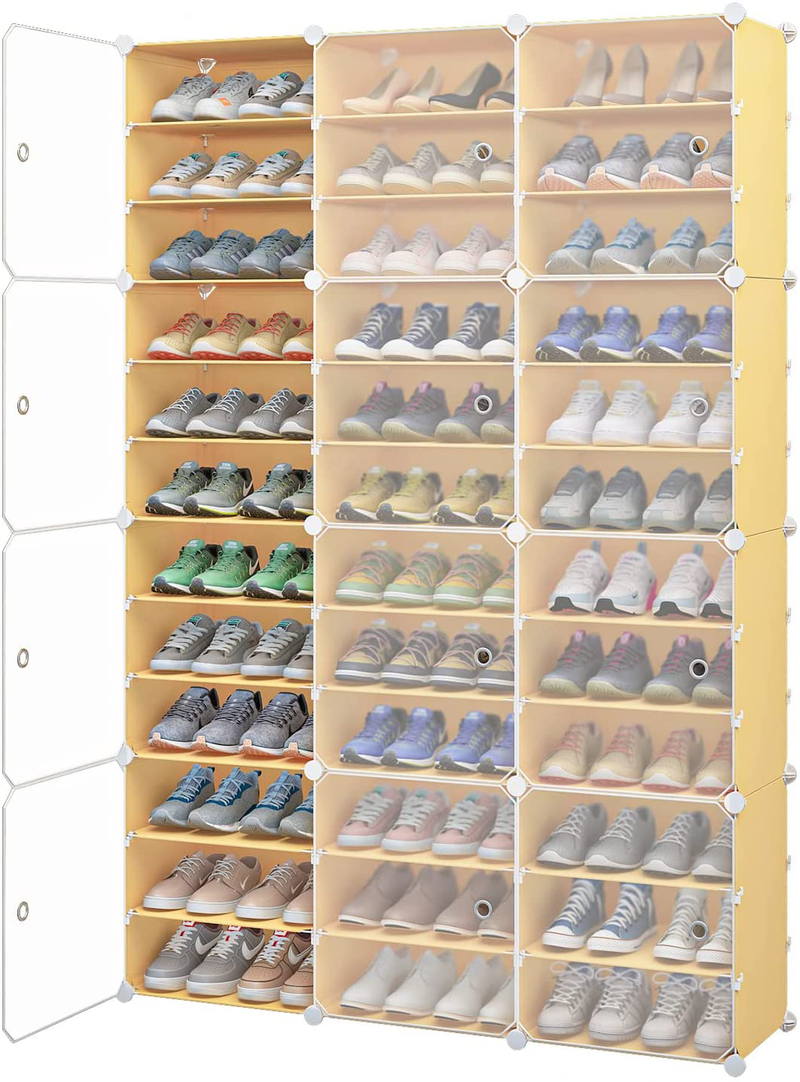MAGINELS 72-Pairs Shoe Rack DIY Shoe Storage Shelf Organizer, Plastic Shoe Organizer for Entryway, Shoe Cabinet with Doors, Honey Color，Clear Door