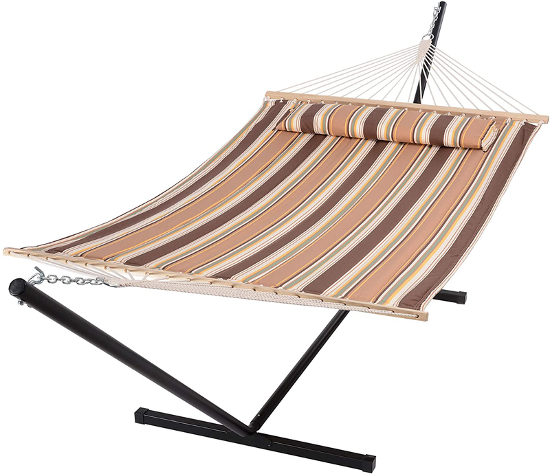 SUNCREAT 55 Inch Extra Large Double Hammock with Stand, 475lbs Capacity, Outdoor Portable Hammock with Hardwood Spreader Bar, Extra Large Pillow, Grey Home & Garden > Lawn & Garden > Outdoor Living > Hammocks SUNCREAT Brown Stripes  
