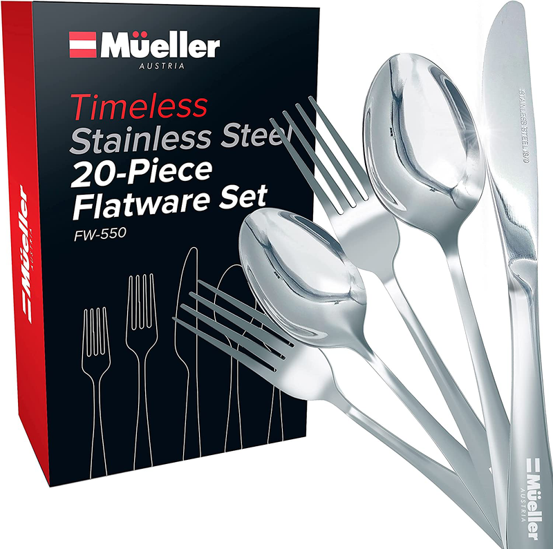 Mueller Flatware Set, 20-Piece Stainless Steel Silverware Set - Cutlery Set Service for 4 - Spoon, Knife, Fork, Salad Fork, Teaspoon - Dishwasher Safe