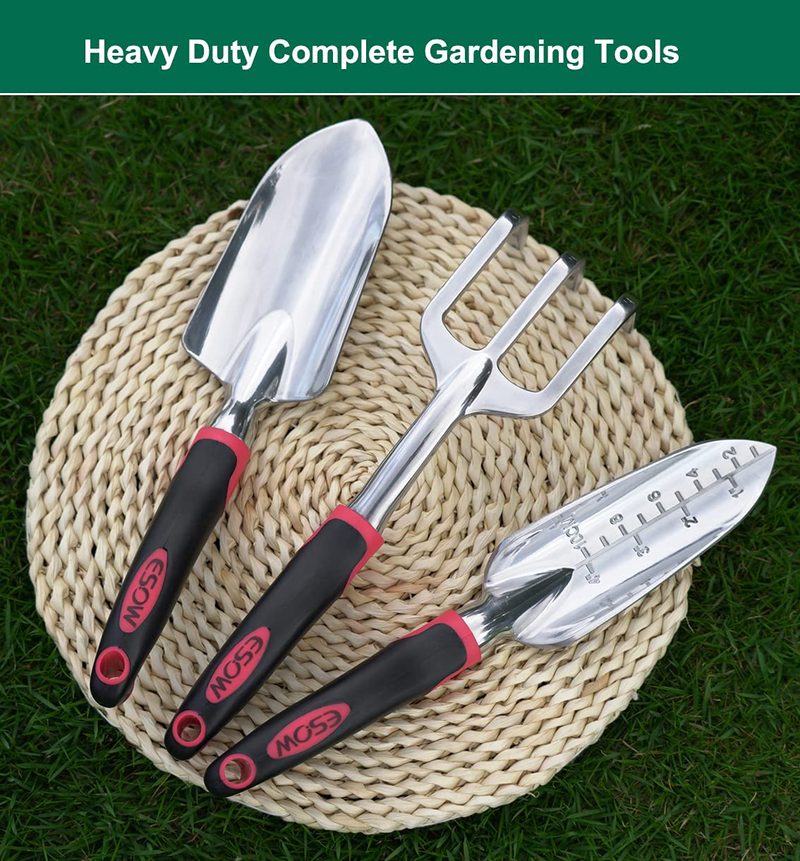 ESOW Garden Tool Set, 3 Piece Cast-Aluminum Heavy Duty Gardening Kit Includes Hand Trowel, Transplant Trowel and Cultivator Hand Rake with Soft Rubberized Non-Slip Ergonomic Handle, Garden Gifts
