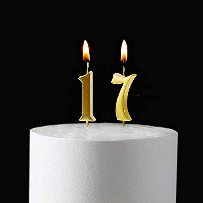 MMJJ Gold 17th Birthday Candles, Number 17 Cake Topper for Birthday Decorations