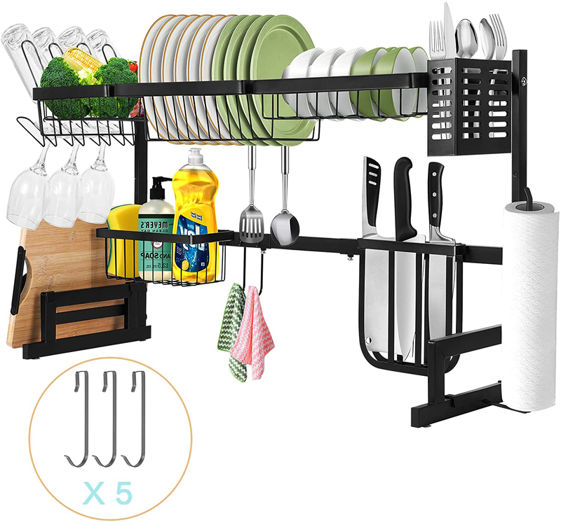 Over the Sink Dish Drying Rack GIVIGO 2 Tier Stainless Steel Dish Drying Rack Adjustable Large Dish Drainer for Kitchen Organization Storage Shelf Space Saver Shelf Holder with 5 Hook Utensils Holder