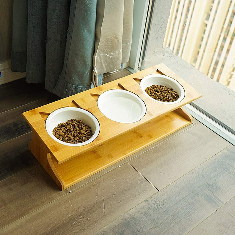 Smith Chu Premium Elevated Pet Bowls, Raised Dog Cat Feeder Solid Bamboo Stand with Ceramic Food Feeding Bowl - Cute Kitty Bowl for Cats and Puppy Animals & Pet Supplies > Pet Supplies > Cat Supplies Smith Chu   