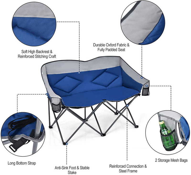 Goplus Loveseat Camping Chair, Double Folding Chair for Adults Couples W/Storage Bags & Padded High Backrest, Oversize Camp Seat for Fishing Picnic (Blue)