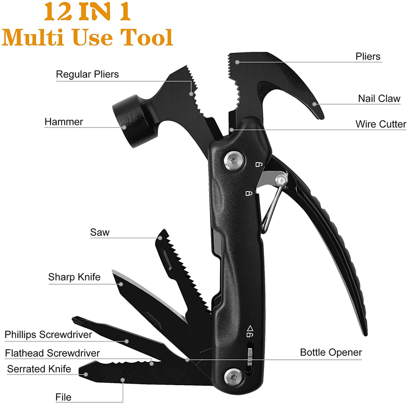 Mirrorzone Multitool Camping Accessories, Multitool Hammer Camping Gear Survival Tool, Mens Gifts, Cool Gadgets, Stocking Stuffers for Men, Perfect Christmas Gifts for Men/Dad/Husband/Him (Black)