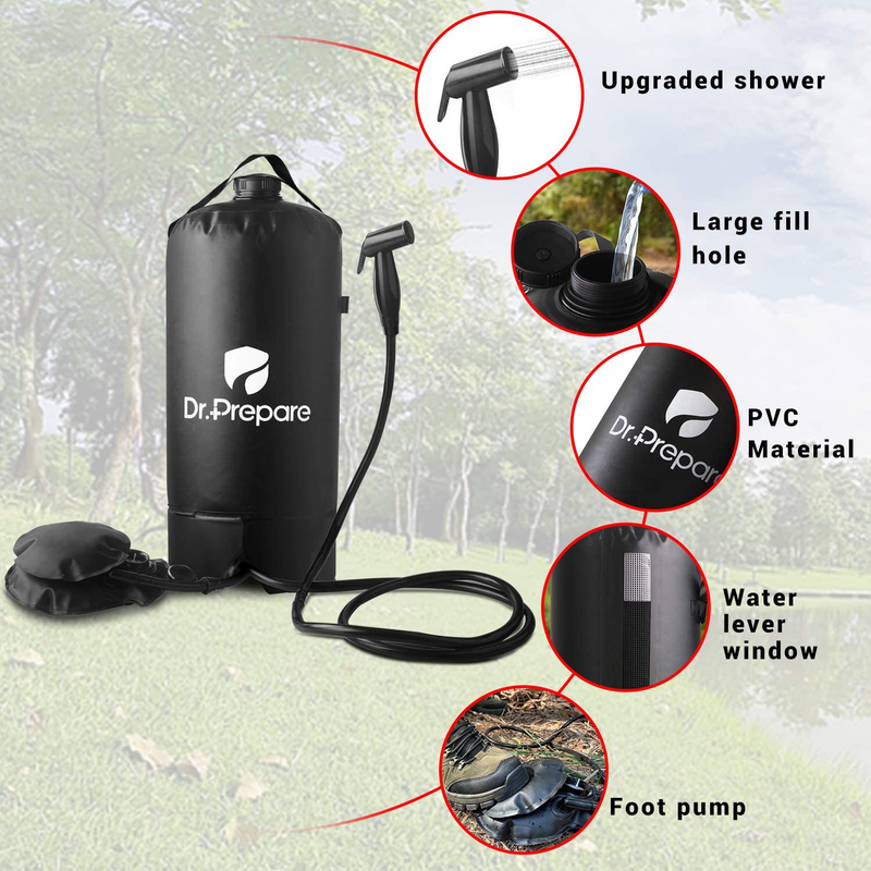 Dr. Prepare Camping Shower, 4 Gallons/15L Portable Camp Shower Bag with Upgraded Screw Lid, Water Level Window, Pressure Foot Pump, and Handy Nozzle, Solar Shower for Beach Camping Hiking Trip Sporting Goods > Outdoor Recreation > Camping & Hiking > Portable Toilets & ShowersSporting Goods > Outdoor Recreation > Camping & Hiking > Portable Toilets & Showers DR.PREPARE   