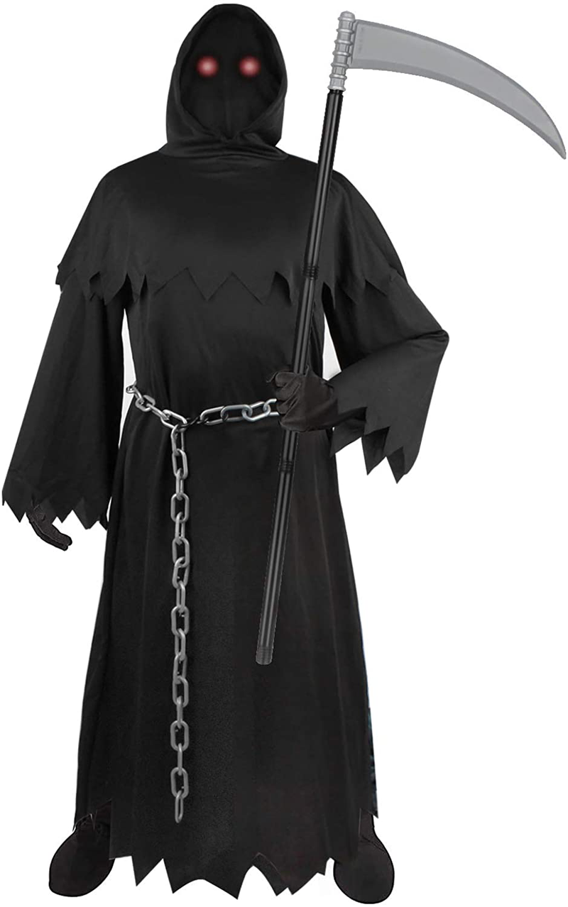 SUNYPLAY Halloween Grim Reaper Costume for Kids,Deluxe Halloween Costume with Glowing Glasses,Chain,Scythe and etc. Apparel & Accessories > Costumes & Accessories > Costumes SUNYPLAY grim-M  