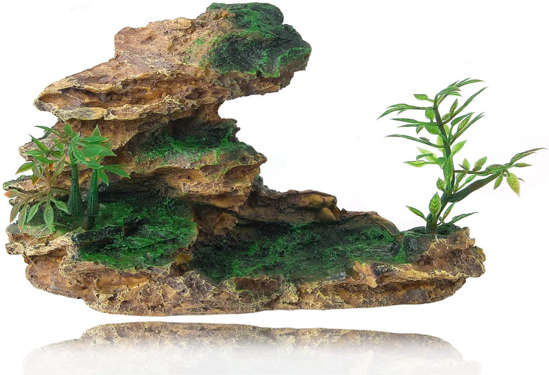 FEDOUR Aquarium Mountain View Stone Ornament, Moss Tree Rock Cave Landscape Artificial Fish Tank Decoration, with 6pcs Plants