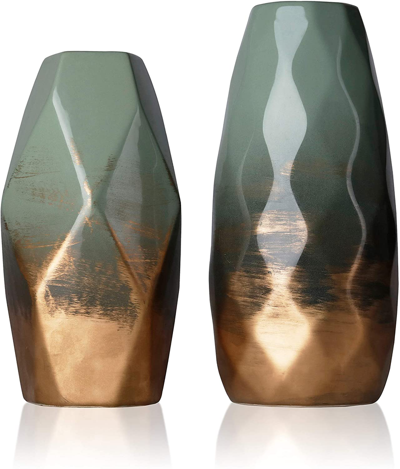 TERESA'S COLLECTIONS Modern Geometric Ceramic Vases Set of 2, Green and Gold Vase for Home Decor, Decorative Vase for Living Room, Mantel, Table, Bedroom Decoration, 7.9'' & 9.3'' Tall Home & Garden > Decor > Vases TERESA'S COLLECTIONS Default Title  
