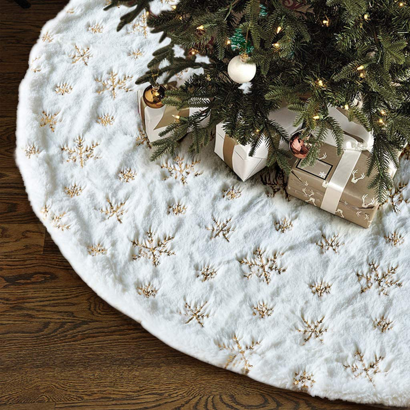Diagtree Christmas Tree Skirt - 48 inches Large White Luxury Faux Fur Tree Skirt Christmas Decorations Holiday Thick Plush Tree Xmas Ornaments (Gold Embroidery Snowflakes, 48") Home & Garden > Decor > Seasonal & Holiday Decorations > Christmas Tree Skirts Diagtree Gold Embroidery Snowflakes 48" 