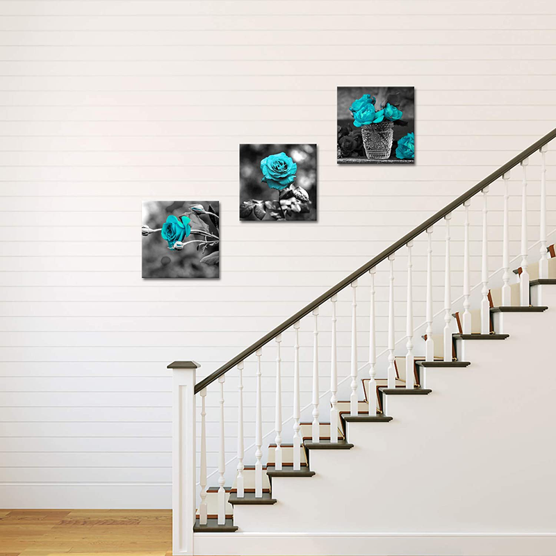 Nachic Wall 3 Piece Wall Art for Bedroom Black and White Teal Rose Canvas Wall Art Still Life Flower Paintings Giclee Print Contemporary Bathroom Wall Decor Framed Ready to Hang Home & Garden > Decor > Artwork > Posters, Prints, & Visual Artwork Nachic Wall   