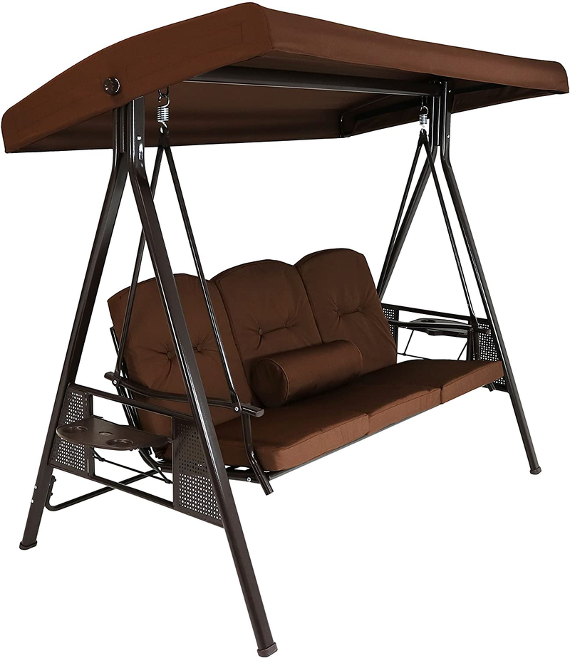 Sunnydaze 3-Person Outdoor Patio Swing Bench with Adjustable Tilt Canopy, Durable Steel Metal Frame, Cushions and Pillow Included, Brown Home & Garden > Lawn & Garden > Outdoor Living > Porch Swings Sunnydaze Brown  