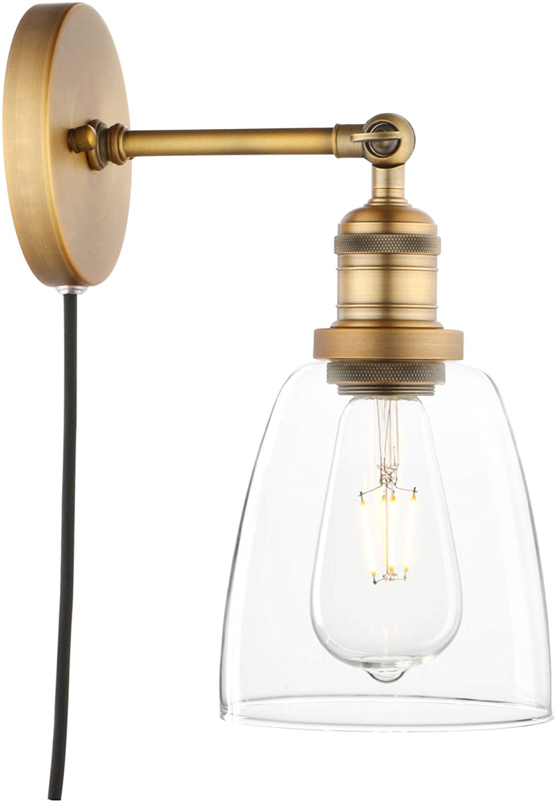 Phansthy Wall Sconce with Switch Antique Bronze Plug in Wall Lamps with 5.5 Inch Glass Light Shade