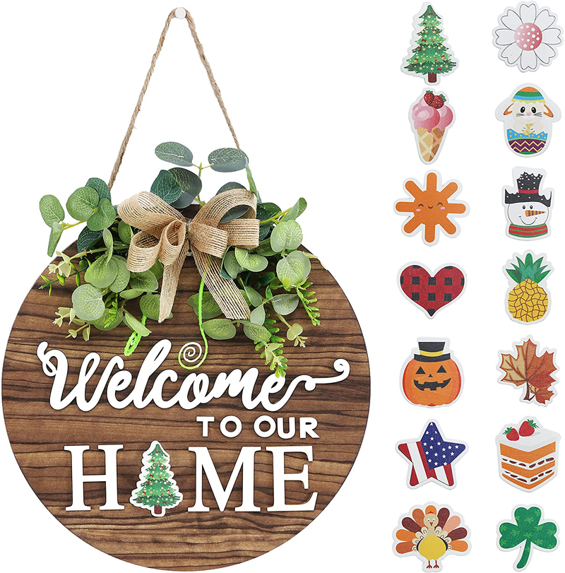 Interchangeable Seasonal Welcome Sign Front Door Decoration, Rustic Round Wood Wreaths Wall Hanging Outdoor, Farmhouse, Porch, for Spring Summer Fall All Seasons Holiday Halloween Christmas. Home & Garden > Decor > Seasonal & Holiday Decorations& Garden > Decor > Seasonal & Holiday Decorations RoseCraft   
