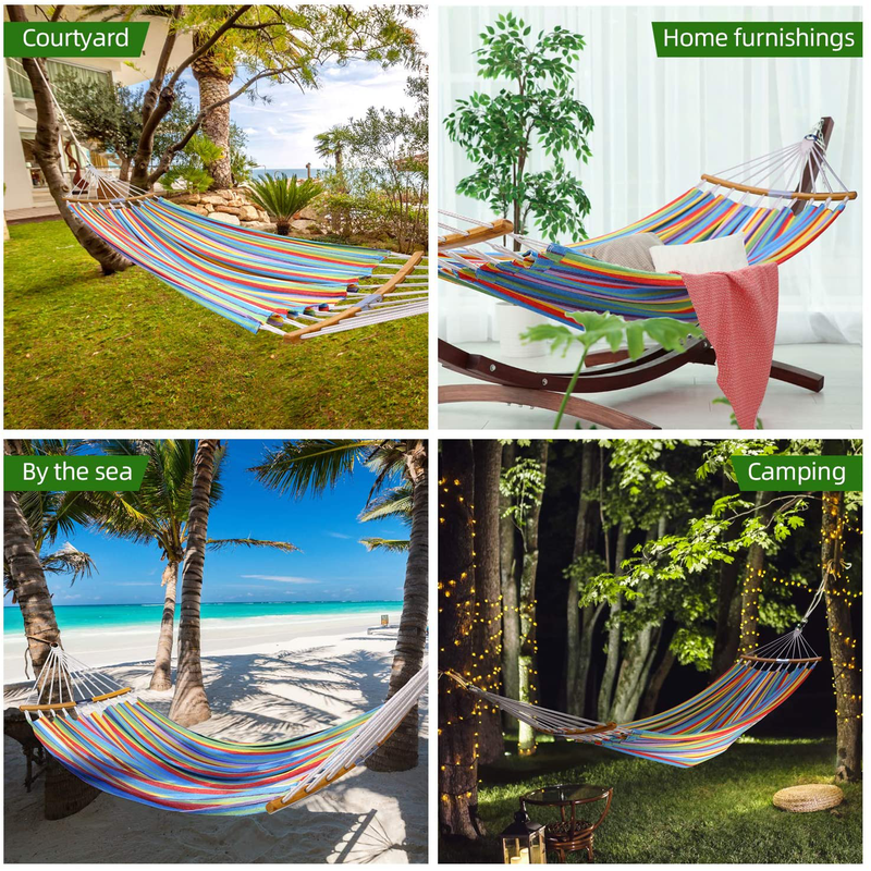 Double Hammock Swing with Tree Straps, Ohuhu Folding Curved-Bar Design Bamboo Hammock with Carrying Bag, Colorful 2 Person Portable Hammock for Patio, Backyard, Camping, Indoor Outdoor Use, Ideal Gift Home & Garden > Lawn & Garden > Outdoor Living > Hammocks Ohuhu   