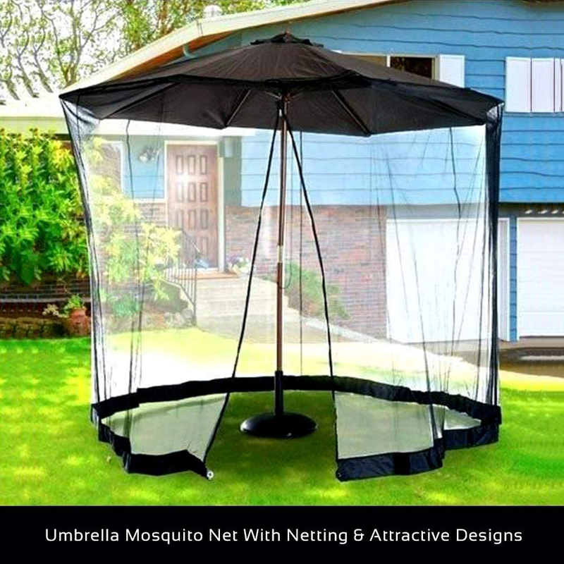 Homeroots 9' Patio Umbrella Outdoor Table Bug Screen Mesh Black Mosquito Net Canopy Curtains Adjustable Enclosure Large Umbrella Hanging Tent 100% Polyester Light Weight Mosquito Netting