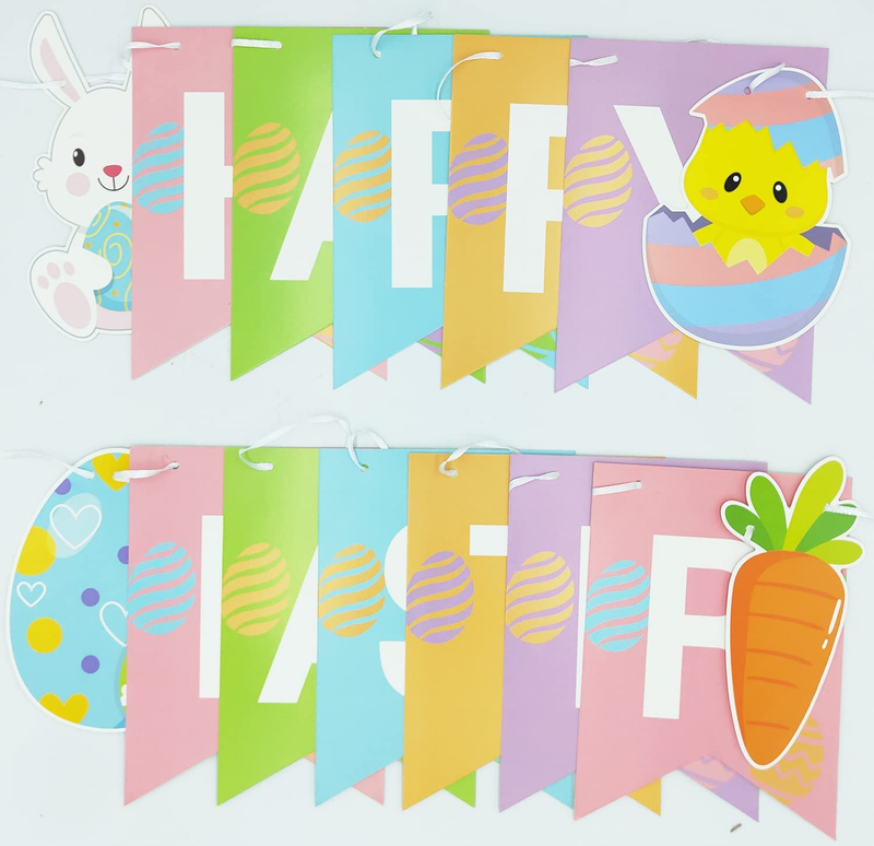 JOZON Happy Easter Banner Colorful Easter Bunting Banner Garland with Bunny Easter Eggs Chick Carrot Signs Spring Easter Party Decorations for Mantle Fireplace