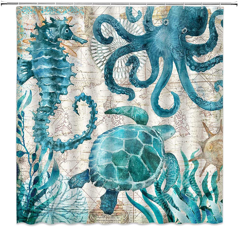 Nautical Biological Theme Shower Curtain Blue Ocean Sea Turtles Octopus Seahorse Beach Coral Reef Vintage Nautical Map Christmas New Year Decoration Bathroom Curtain with Hooks , Teal,70 X 70 Inch Home & Garden > Decor > Seasonal & Holiday Decorations& Garden > Decor > Seasonal & Holiday Decorations QYVLHD   