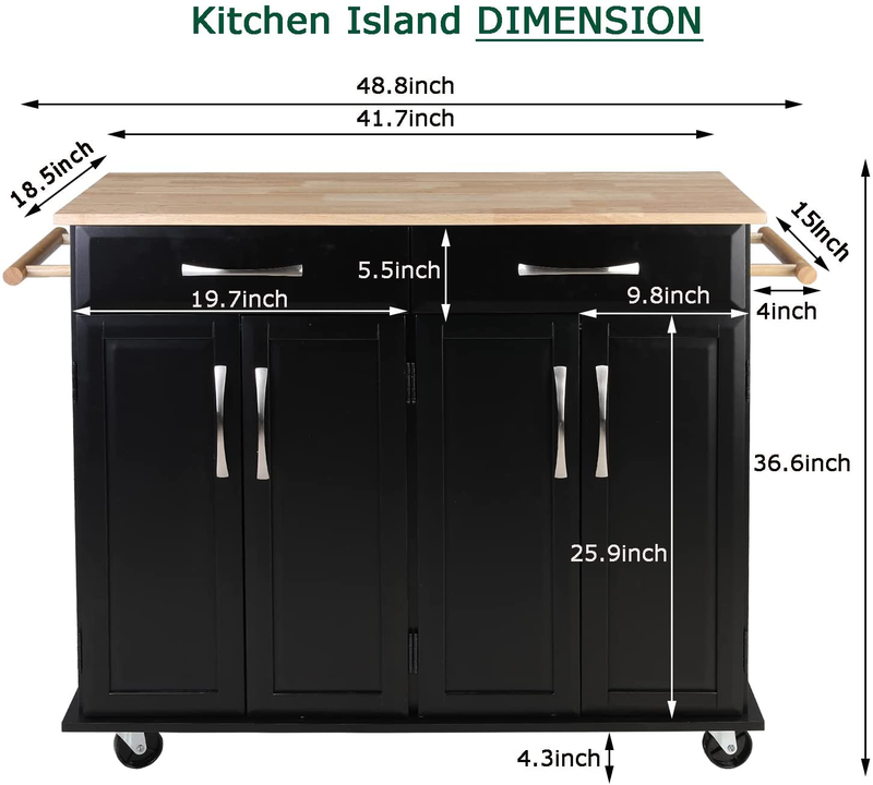 Kitchen Island with Drawers and Large Storage Cabinet, Rolling Kitchen Cart with Adjustable Shelves, Lockable Casters, Rubber Wood Countertop, Easy to Assembly, Black Home & Garden > Kitchen & Dining > Food Storage FZsenrui   