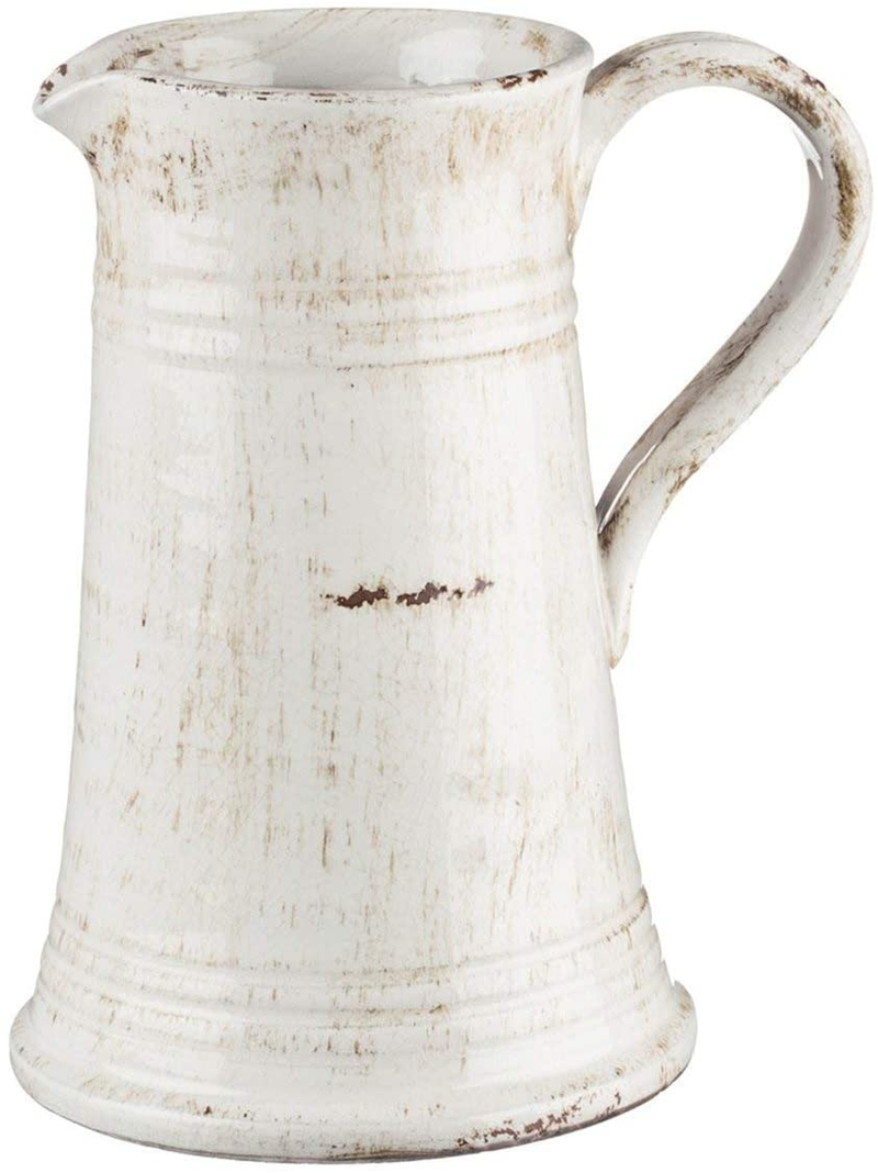 Sullivans Modern Farmhouse Decorative Ceramic Pitcher, 8 x 7 x 10 inches, Distressed Farmhouse Décor, Off-White Crackled Finish, Faux Floral Vase, Mantel, Dining Table and Living Room Décor (CM2364)