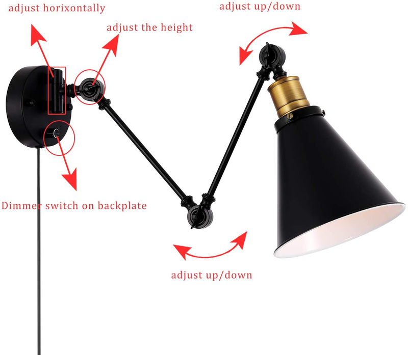Larkar Dimmable 2 Lights Industrial Wall Sconce with On/Off Switch, Edison Vintage Style Swing Arm Wall Lamp Bronze Head,Black Lampshade, Plug-In/Hardwire, Lobby, Hallway, Kitchen, Dining Room, Restau