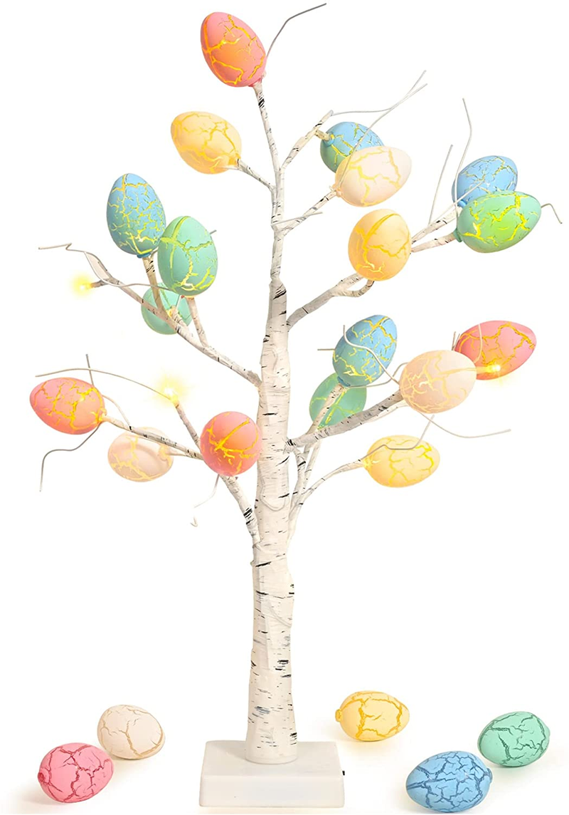 Kemooie 24 Inch Pre-Lit White Birch Tree with 10 Hanging Easter Egg Ornaments, 24 Led Lights Battery Operated Easter Table Centerpiece for Party Birthday Home Easter Decoration Spring Decoration