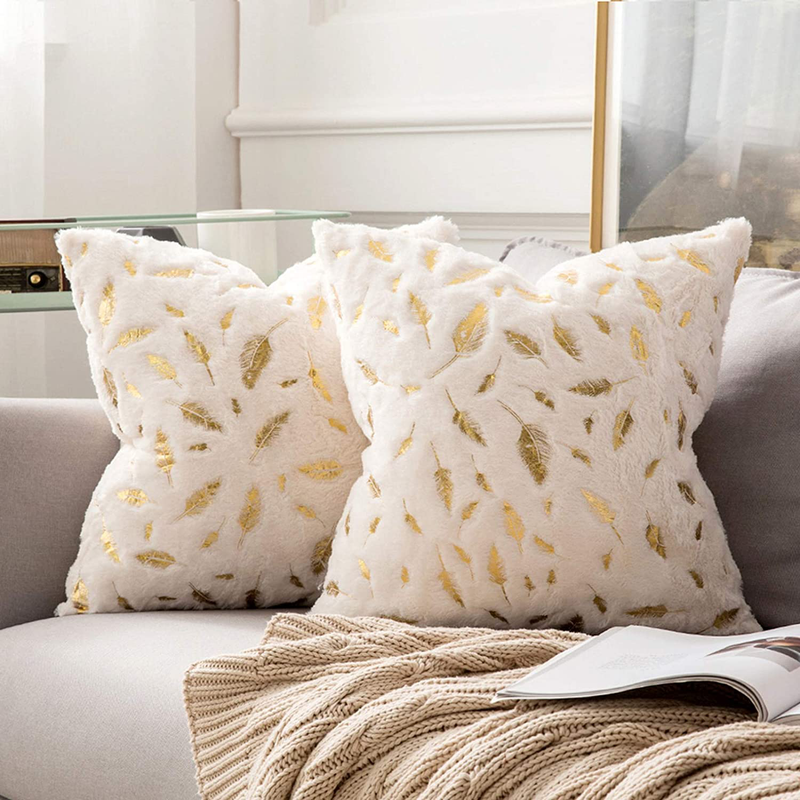 MIULEE Pack of 2 Decorative Throw Pillow Covers Plush Faux Fur with Gold Feathers Gilding Leaves Cushion Covers Cases Soft Fuzzy Cute Pillowcase for Couch Sofa Bed, 18 X 18 Inch, Ivory Home & Garden > Decor > Chair & Sofa Cushions MIULEE Ivory 16''x16'' 