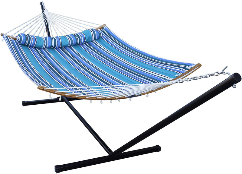 HENG FENG 2 Person Double Hammock with 12 Foot Portable Steel Stand and Curved Bamboo Spreader Bars, Detachable Pillow, Quilted Fabric Bed, Blue & Aqua Home & Garden > Lawn & Garden > Outdoor Living > Hammocks HENG FENG Cerulean Hammock with Stand 