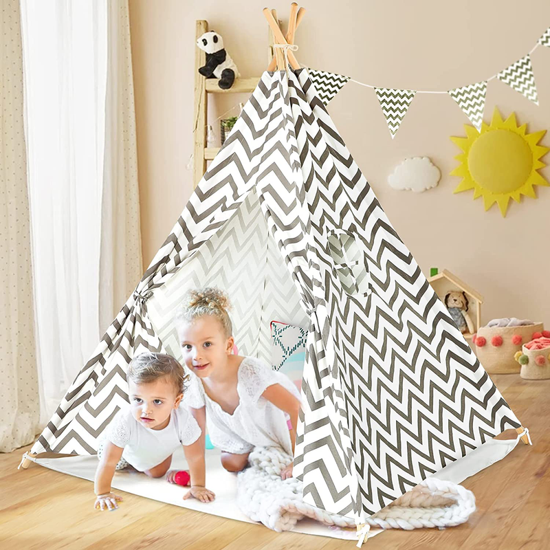 Sumbababy Teepee Tent for Kids with Carry Case, Natural Cotton Canvas Teepee Play Tent, Toys for Girls/Boys Indoor & Outdoor Playing Sporting Goods > Outdoor Recreation > Camping & Hiking > Tent Accessories Sumbababy Chevron teepee  