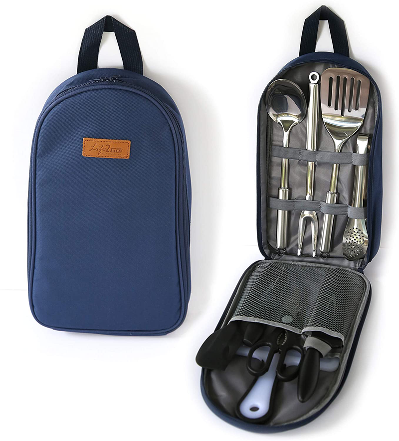 Portable Outdoor Utensil Kitchen Set-9 Piece Cookware Kit, Carrying Organizer Bag-For Camping, Hiking, RV, Travel, BBQ, Grilling-Stainless Steel Accessories- Fork, Spoon, Knife & More-Indoor/ Outdoor Sporting Goods > Outdoor Recreation > Camping & Hiking > Camping Tools Life 2 Go Navy  