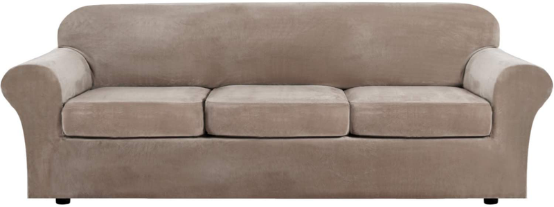 Modern Velvet Plush 4 Piece High Stretch Sofa Slipcover Strap Sofa Cover Furniture Protector Form Fit Luxury Thick Velvet Sofa Cover for 3 Cushion Couch, Machine Washable(Sofa,Gray) Home & Garden > Decor > Chair & Sofa Cushions H.VERSAILTEX Taupe X-Large 