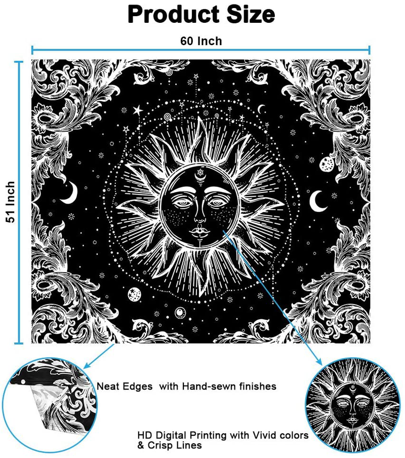 Funeon Black and White Sun Tapestry for Bedroom Bohemian Mandala Tapestry Wall Hanging Moon Stars Tapistry Dorm Decoration for College Girls | Cute Dark Tapistry Psychedelic Wall Decor 51x60 inches Home & Garden > Decor > Artwork > Decorative Tapestries Funeon   