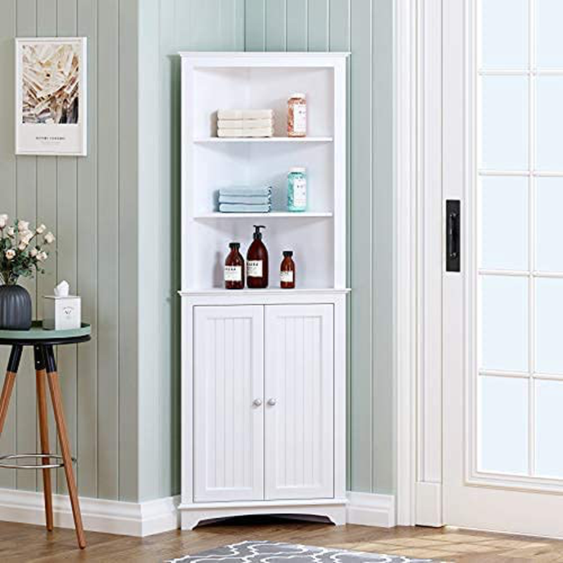 Spirich Home Tall Corner Cabinet with Two Doors and Three Tier Shelves, Free Standing Corner Storage Cabinet for Bathroom, Kitchen, Living Room or Bedroom, White Home & Garden > Kitchen & Dining > Food Storage Spirich White  
