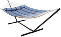 HENG FENG 2 Person Double Hammock with 12 Foot Portable Steel Stand and Curved Bamboo Spreader Bars, Detachable Pillow, Quilted Fabric Bed, Blue & Aqua Home & Garden > Lawn & Garden > Outdoor Living > Hammocks HENG FENG Blue Stripe Hammock with Stand 