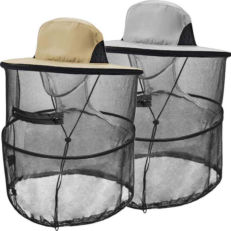Mosquito Head Net Hat Sun Hats with Hidden Net Mesh Mask Sporting Goods > Outdoor Recreation > Camping & Hiking > Mosquito Nets & Insect Screens SUNPRO 2packs (Khaki and Light Gray)  