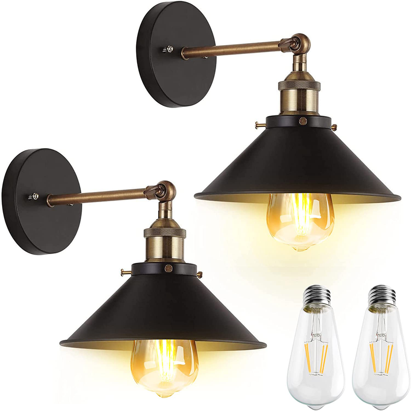 JACKYLED UL Antique Vintage Wall Sconces, Hardwired Industrial Wall Sconce, 240 Degree Adjustable Black Arm Swing Wall Lamp for Kitchen Bedroom Doorway, 2-Pack (Bulbs Included)