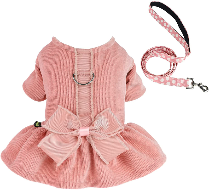 Fitwarm Dog Harness Dress with Leash Set Comfy Puppy Girl Skirt Doggy One-Piece with D Ring Pet Clothes for Walk Doggie Outfits Cat Apparel