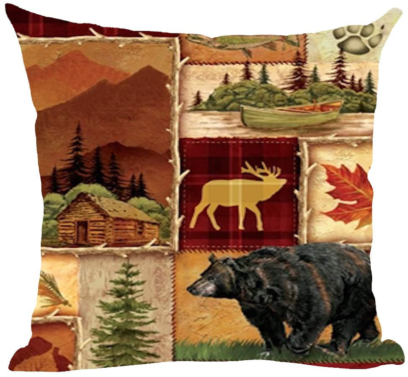 Ramirar Retro Brown Mountains Farm House Cabin Wild Animal Bear Deer Forest Trees Decorative Throw Pillow Cover Case Cushion Home Living Room Bed Sofa Car Cotton Linen Square 18 X 18 Inches Home & Garden > Decor > Chair & Sofa Cushions Ramirar Brown-3  