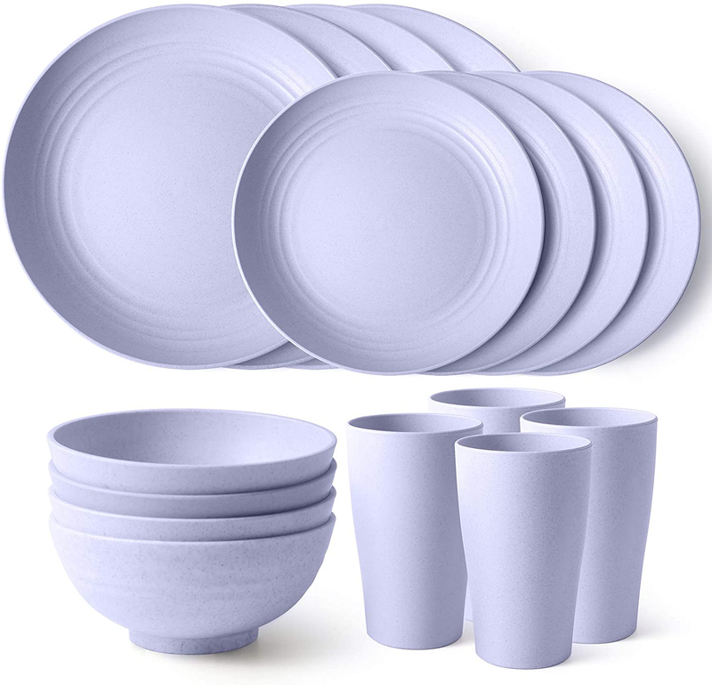 Teivio 24-Piece Kitchen Wheat Straw Dinnerware Set, Dinner Plates, Dessert Plate, Cereal Bowls, Cups, Unbreakable Plastic Outdoor Camping Dishes (Service for 6 (24 piece), Multicolor) Home & Garden > Kitchen & Dining > Tableware > Dinnerware Teivio Purple Service for 4 (16pcs) 