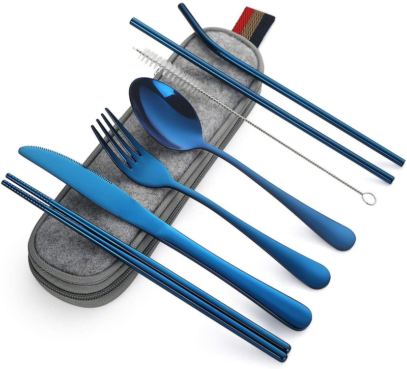 DEVICO Portable Utensils, Travel Camping Cutlery Set, 8-Piece including Knife Fork Spoon Chopsticks Cleaning Brush Straws Portable Case, Stainless Steel Flatware set (Silver) Home & Garden > Kitchen & Dining > Tableware > Flatware > Flatware Sets DEVICO Blue  