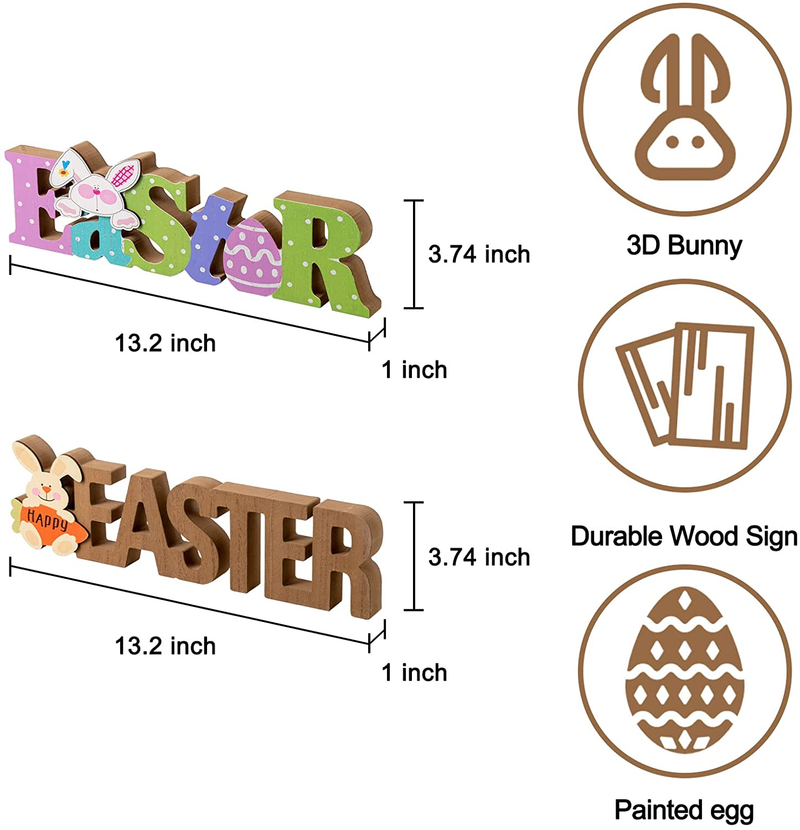 Easter Decorations for the Home, Hogardeck 2 Pcs Rustic Happy Easter Wood Sign Colorful Wooden Block Signs Table Centerpiece Farmhouse Easter Bunny Eggs Decor for Party Fireplace Tiered Tray Office