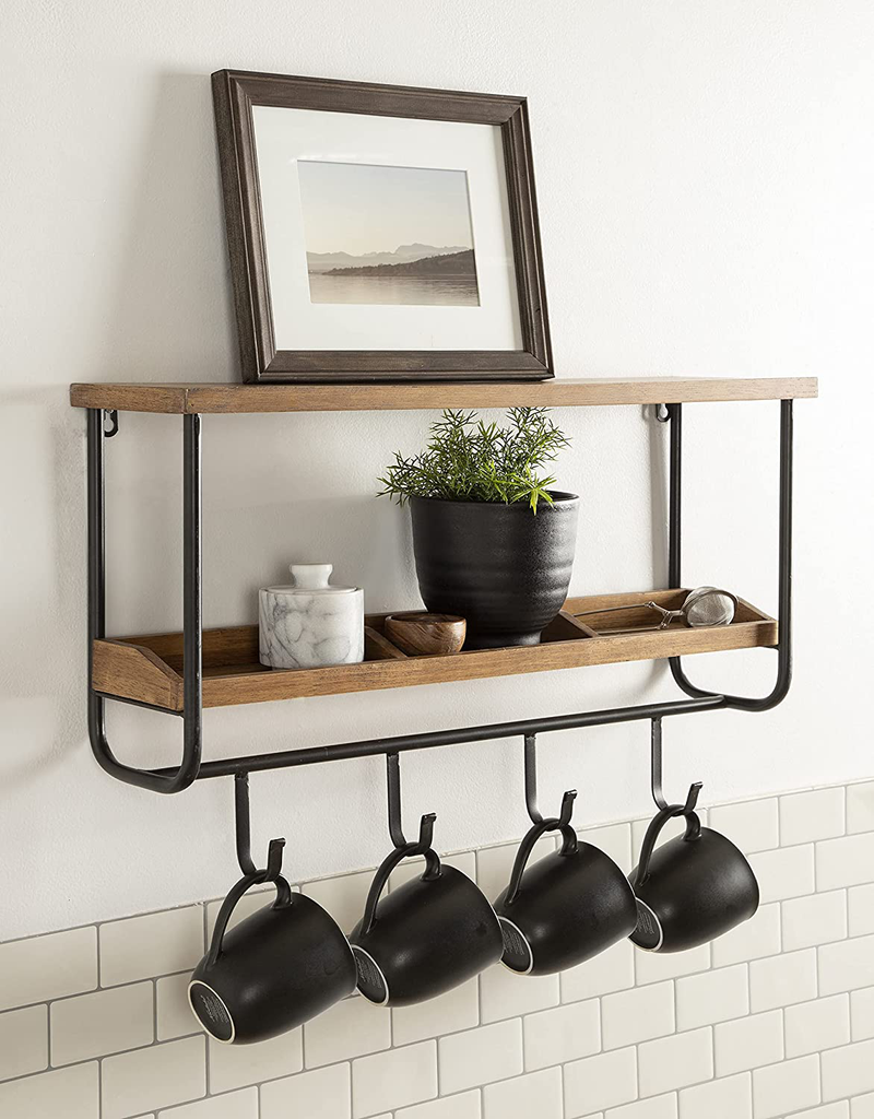 Kate and Laurel Oddell Wood Wall Shelf with Hooks, 24x6x15, Rustic Brown